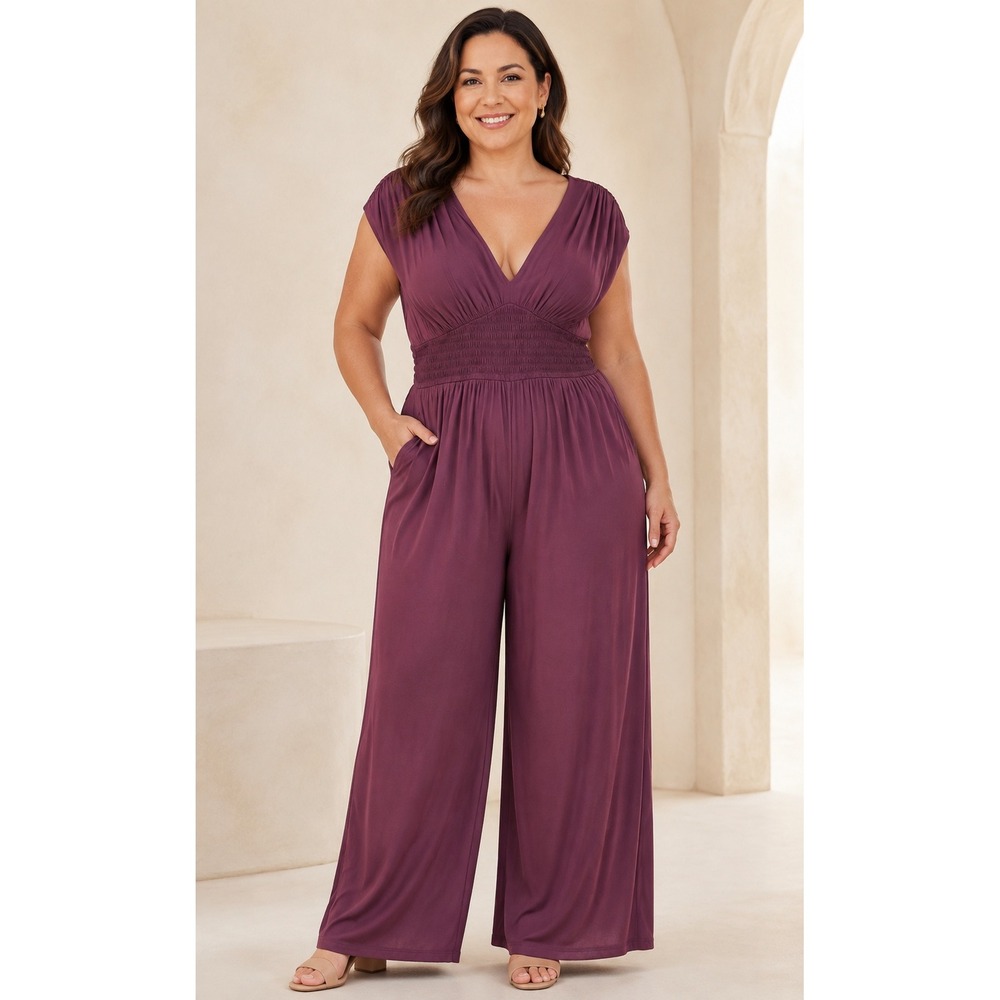 Old Navy Jumpsuit Smocked Waist Wide Leg Plum Purple Women XL Boho Chic